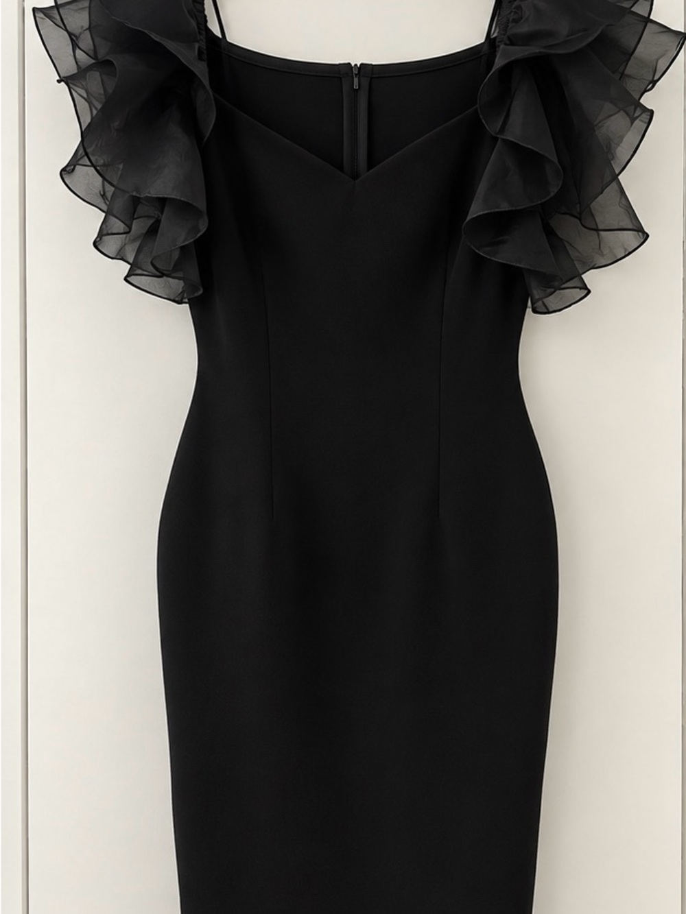 Ruffled Organza-Sleeve Black Midi Dress